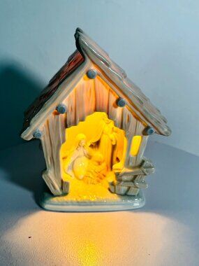 Vtg 1992 Porcelain Nativity Night Light Artmark 6" Manger Christmas Scene Japan